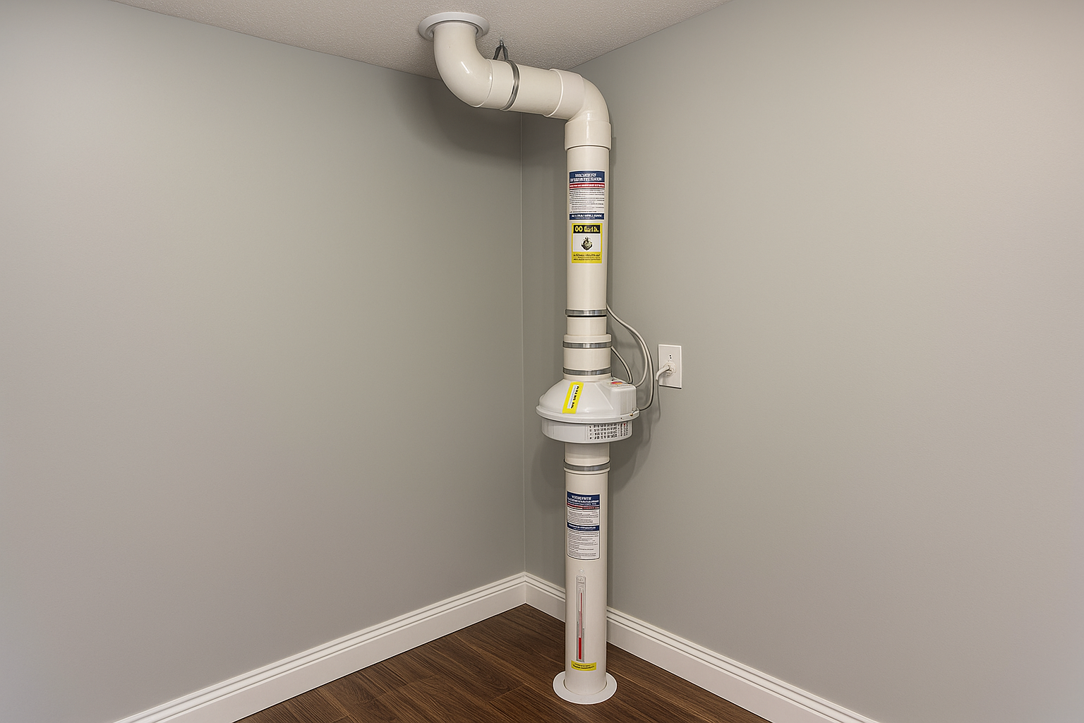 Radon Mitigation system in basement of Calgary Home