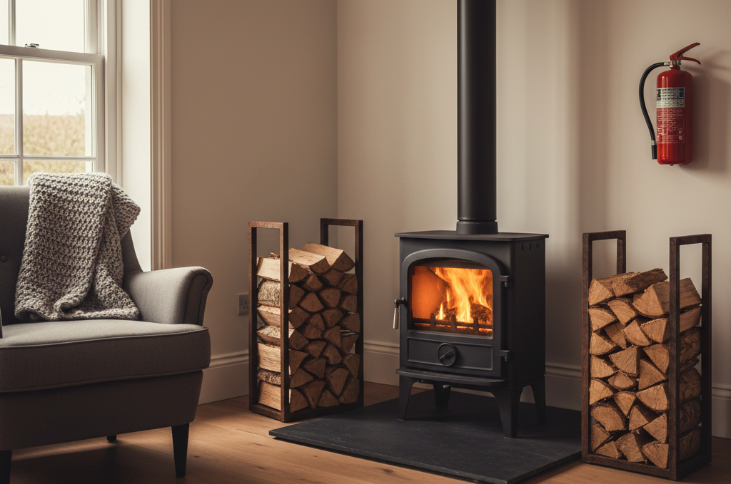 Fire Exinguished mounted near wood burning stove for fire safety reasons